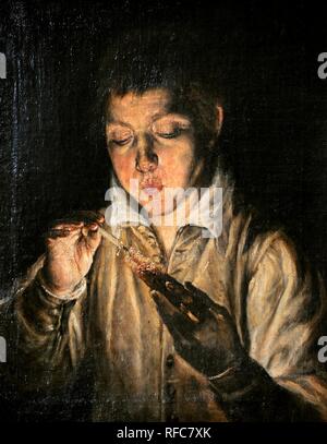 El Greco (1541-1614). Cretan painter. Boy lighting a candle or The Snitch, 1571. Farnese Collection. National Museum of Capodimonte. Naples. Italy. Stock Photo