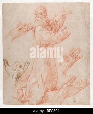 Studies for a Figure of Saint Francis Kneeling in a Three-Quarter View and for His Hands (recto); Studies for a Figure of Saint Francis Kneeling in Profile (verso). Artist: Annibale Carracci (Italian, Bologna 1560-1609 Rome). Dimensions: sheet: 13 1/4 x 11 5/16 in. (33.6 x 28.8 cm). Date: 1583-85.  The recto of this sheet, with studies for a kneeling Saint Francis with his arms extended, relate to the figure of the saint seen in the lower left foreground of the Pietà with Saints (Galleria Nazionale inv. 169, Parma; oil on canvas, 373.8 x 239.7 cm), a monumental altarpiece Annibale painted for  Stock Photo