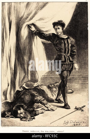 Hamlet and the Body of Polonius (Act III, Scene IV). Dated: 1835. Medium: lithograph. Museum: National Gallery of Art, Washington DC. Author: EUGENE DELACROIX. SHAKESPEARE, WILLIAM. DELACROIX, EUGENE. Stock Photo