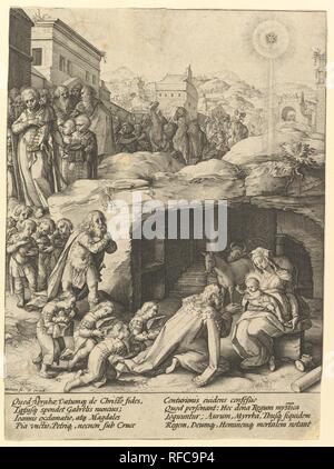 The Adoration of the Magi. Artist: Hendrick Goltzius (Netherlandish, Mühlbracht 1558-1617 Haarlem); After Bernardino Passeri (Italian, active Rome, ca. 1577-85). Dimensions: sheet: 7 13/16 x 5 3/4 in. (19.9 x 14.6 cm). Date: ca. 1585. Museum: Metropolitan Museum of Art, New York, USA. Author: HENDRICK GOLTZIUS. After Bernardino Passeri. Hendrik Goltzius. Stock Photo