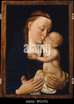 Virgin and Child. Artist: Dieric Bouts (Netherlandish, Haarlem, active by 1457-died 1475). Dimensions: 8 1/2 x 6 1/2 in. (21.6 x 16.5 cm). Date: ca. 1455-60.    Dieric Bouts has based this small, exquisite image on the ancient Byzantine formula for the affectionate Virgin (<i>glykophilousa</i>)--a type popular in the Netherlands. However, he has dispensed with the gold background and halo of Byzantine practice and has endowed the painting with a human tenderness and simplicity not found in icons. With his subtle and tactile modeling of the flesh, the artist heightened the illusion of living, b