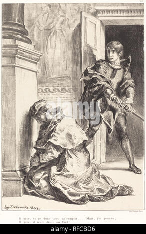 Hamlet is Tempted to Kill the King (Act III, Scene III). Dated: 1834/1843. Medium: lithograph. Museum: National Gallery of Art, Washington DC. Author: EUGENE DELACROIX. SHAKESPEARE, WILLIAM. DELACROIX, EUGENE. Stock Photo