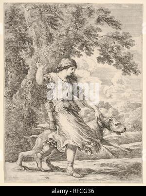 A nymph holding a large dog by the collar, or 'La belle chasseresse'. Artist: Stefano della Bella (Italian, Florence 1610-1664 Florence). Dimensions: Sheet: 7 7/16 x 5 3/4 in. (18.9 x 14.6 cm). Museum: Metropolitan Museum of Art, New York, USA. Stock Photo