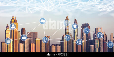 Connected Polygonal Blue Icons In Front Of Dubai Skyline Stock Photo