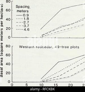 . Development over 25 years of Douglas-fir, western hemlock, and western redcedar planted at various spacings on a very good site in British Columbia. Douglas fir British Columbia; Western hemlock British Columbia; Western redcedar British Columbia; Tree planting British Columbia. Basal area per hectare —For all three species, the wider the spacing the less the basal area per hectare. Differences among spacings widened initially but for the four wider spacings, are now generally stabilized (fig. 14). The superiority of the 0.9-m spacing di- minished as competition pressure reduced growth rates Stock Photo