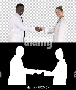On Alpha Matte. Medium shot. Doctors shaking hands and posing to camera, Alpha Channel Professional shot in 4K resolution. 012. You can use it e.g. in Stock Photo
