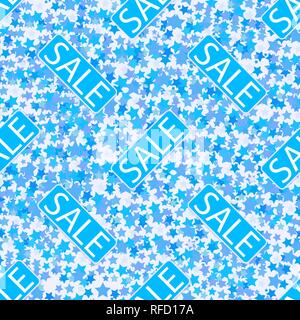Texture sales. Seamless texture with the words sale and on the background a lot of stars. Vector illustration. Stock Vector