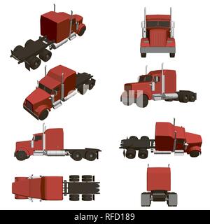 Set with trucks. 8 trucks in different positions, front, top, rear, isometric. 3D Vector illustration. Stock Vector