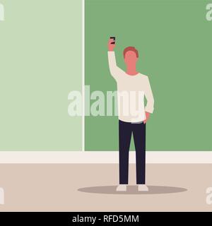 Young man  taking selfie for instagram or social media, holding camera in hand.  Vector illustration - Vector Stock Vector