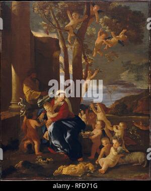 The Rest on the Flight into Egypt. Artist: Nicolas Poussin (French, Les Andelys 1594-1665 Rome). Dimensions: 30 x 25 in. (76.2 x 63.5 cm). Date: ca. 1627.  This tenderly poetic picture reveals a side of Poussin not otherwise represented by the Museum's splendid holdings of this artist. During the 1620s Poussin was especially attracted by Venetian painting, studying Titian's great mythological compositions, some of which were in aristocratic collections in Rome. He took the inspiration for the fruit-gathering cherubs and the landscape from Titian's <i>Bacchanals</i>. Museum: Metropolitan Museum Stock Photo