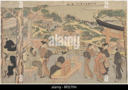 Osen of the Kagiya Teahouse at Kasamori Shrine with a View of Nippori in Yanaka. Artist: Suzuki Harunobu (Japanese, 1725-1770). Culture: Japan. Dimensions: 10 x 15 1/2 in. (25.4 x 39.4 cm)  medium-size print (chu-ban). Date: ca. 1768.  The Kagiya teahouse, located in the precinct of the Kasamori Inari Shrine in the capital, Edo, is depicted in the foreground. The landscape of Higurashinosato (Nippori) is seen in the background, including a popular spot for the recreational activity of throwing dishes over a cliff to watch their trajectory, which is depicted at top right.  Tea shops, commonly f Stock Photo