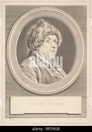 Portrait of Benjamin Franklin. Artist: After Charles Nicolas Cochin II (French, Paris 1715-1790 Paris); Augustin de Saint-Aubin (French, Paris 1736-1807 Paris). Dimensions: Sheet: 11 3/16 × 5 13/16 in. (28.4 × 14.8 cm)  Plate: 11 × 8 1/8 in. (28 × 20.7 cm). Date: 1777. Museum: Metropolitan Museum of Art, New York, USA. Stock Photo