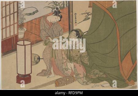 Parting of Lovers: The Morning After. Artist: Suzuki Harunobu (Japanese, 1725-1770). Culture: Japan. Dimensions: H. 8 in. (20.3 cm); W. 12 5/16 in. (31.3 cm)  medium-size print (chu-ban). Date: ca. 1765-70.  Harunobu's keen interest in translucent objects, such as the mosquito net, was well served by his invention of the polychrome print technique. The new availability of different shades of colors enabled him to show the subtle changes that are necessary to create the look of translucence.  In the horizontal print (yoko-e) depicting lovers parting in the morning, the woman is willingly entang