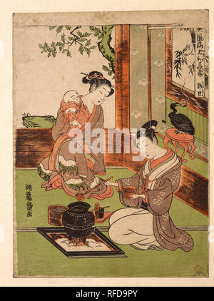 Modern Versions of the twenty-four Paragons of Filial Piety: Guo Zhu. Artist: Isoda Koryusai (Japanese, 1735-ca. 1790). Culture: Japan. Dimensions: 10 3/8 x 7 5/8 in. (26.4 x 19.4 cm). Date: ca. 1770.  As his young wife watches raptly, a young man is taking boiling water with a bamboo ladle from an iron tea cauldron in a square hearth set into the tatami mat floor.  Behind him a Chinese-style painting of a bird in bamboo is hung before a bird-shaped incense burner in the tokonoma alcove.  This scene of domestic tranquility focused on the cauldron and other utensils of the formal tea ceremony ( Stock Photo