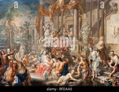 Fountain scene in front of a palace. Date/Period: 1730 - 1735. Oil on Copper. Height: 480 mm (18.89 in); Width: 670 mm (26.37 in). Author: JOHANN GEORG PLATZER. Stock Photo