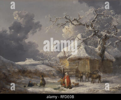 Winter Landscape with Figures. Date/Period: Ca. 1785. Painting. Oil on canvas. Height: 724 mm (28.50 in); Width: 927 mm (36.49 in). Author: George Morland. Stock Photo