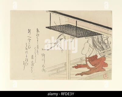 Court Lady on Veranda. Artist: Kubo Shunman (Japanese, 1757-1820). Culture: Japan. Dimensions: Image: 5 x 7 1/4 in. (12.7 x 18.4 cm). Date: 1796.  The poem accompanying the image of a court lady on a veranda is by Horikawa Ishimaru. Museum: Metropolitan Museum of Art, New York, USA. Stock Photo