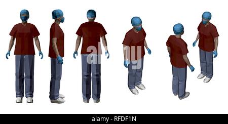 Set with the doctor in different positions. Polygonal doctor stands in hospital clothes. Front, back, side, isometric view. Vector illustration. Stock Vector