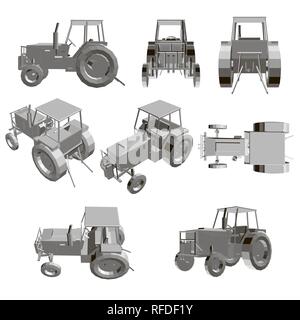 Set with a tractor. Model of a detailed tractor in different positions. 3D Vector illustration. Stock Vector