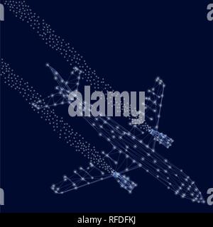 Polygonal plane. Background with the wireframe of a jet plane with a lot of shining lights. Dark blue background with passenger plane. Vector illustra Stock Vector