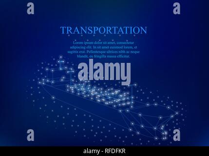 Polygonal ship. Polygonal ship wireframe with containers for transportation. The ship is surrounded by shining lights. Teino blue background. Isometry Stock Vector