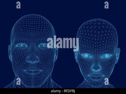Polygonal head of man and girl. Wireframe head human. 3D. Dark blue background. Vector illustration. Stock Vector