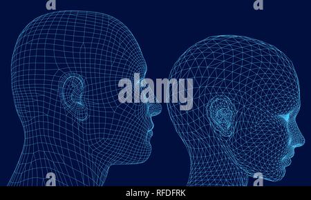 Polygonal head of man and girl. Wireframe head human. 3D. Side view. Dark blue background. Vector illustration. Stock Vector