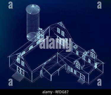 Building wireframe on a dark blue background. Model home project. 3D Vector illustration. Stock Vector