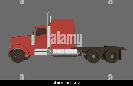 Model of a detailed truck with a red cab without a trailer. Side view. 3D. Vector illustration. Stock Vector
