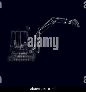 The wireframe of a small excavator. 3D. dark blue background. Vector illustration. Stock Vector