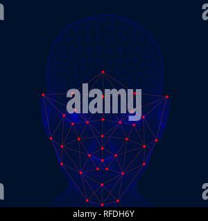 Recognition of the girl's face. The polygonal wireframe of the girl’s head demonstrates face recognition technology. A lot of points and lines for rec Stock Vector