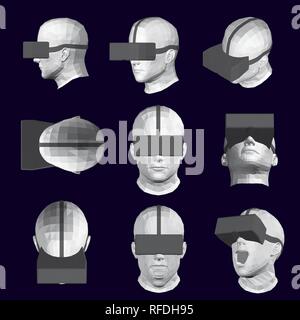 Set with heads in glasses of virtual reality. Vector illustration of 9 male heads from different angles with glasses of virtual reality. 3D Polygonal  Stock Vector