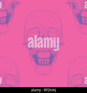Seamless texture with skulls. Decorative human skull consisting of lines. Pink background. Vector illustration. Stock Vector