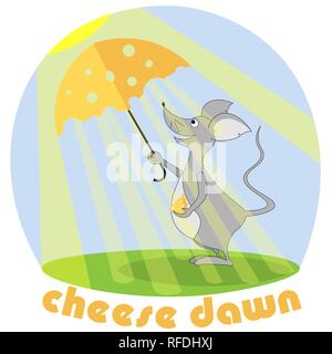 Mouse with a slice of cheese and an umbrella from the sun children's design Stock Vector