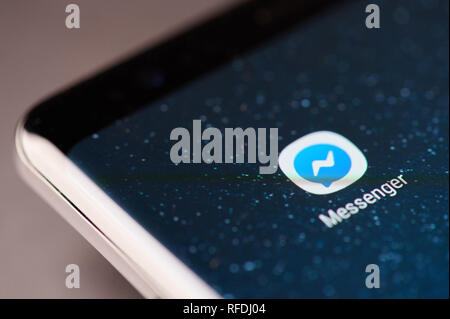 New york, USA - January 24, 2019: Facebook messenger  app icon on smartphone screen close up view Stock Photo