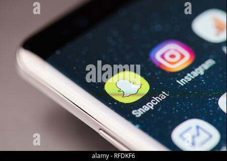 New york, USA - January 24, 2019: Snapchat app icon on smartphone screen close up view Stock Photo