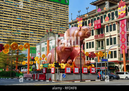 Pig figures in Chinatown, Singapore, marking the beginning of Chinese New Year 2019, the Year of the Pig Stock Photo