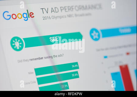 New york, USA - january 24, 2019: Google tv ad performance menu on device screen pixelated close up view Stock Photo