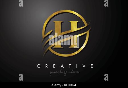 H Golden Letter Logo Design with Circle Swoosh and Gold Metal Texture. Creative Metal Gold H Letter Design Vector Illustration. Stock Vector