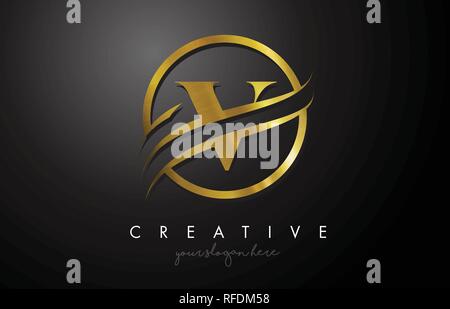 V Golden Letter Logo Design with Circle Swoosh and Gold Metal Texture. Creative Metal Gold V Letter Design Vector Illustration. Stock Vector