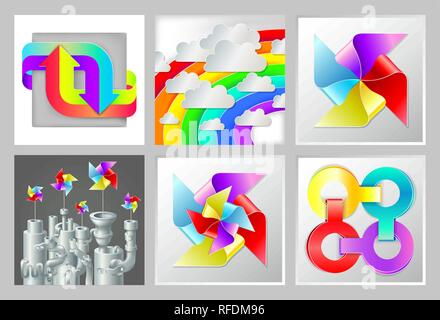 set of Industrial metal pipe stack with bright colorful recycle Stock Vector