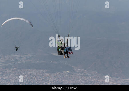 Babadag, Turkey - standing 2000 meters above the sea level, and right beside the Mediterranean Sea, the Mount Babadag is an ideal spot for paragliding Stock Photo