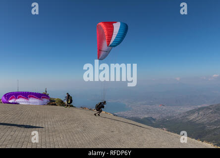 Babadag, Turkey - standing 2000 meters above the sea level, and right beside the Mediterranean Sea, the Mount Babadag is an ideal spot for paragliding Stock Photo