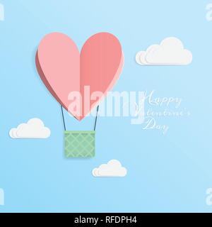 vector of love and Happy Valentine's day. origami design elements cut paper made hot air balloon in heart shape flying with basket up to the sky with  Stock Vector