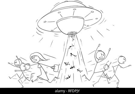Cartoon Drawing of Crowd of People Running in Panic Away From UFO or Alien Ship Abducting Human Beings Stock Vector