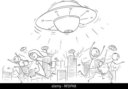 Cartoon Drawing of Crowd of People Running in Panic Away From UFO or Alien Ships Attacking City Stock Vector