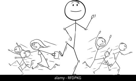Cartoon Drawing of Crowd of People Running in Panic Away From Giant Man Stock Vector