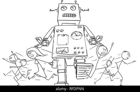 Cartoon Drawing of Crowd of People Running in Panic Away From Giant Retro Robot Stock Vector