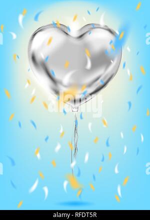Silver Foil Heart Shape Balloon confetti on the blue background. Template for birthday celebration, party and any holiday events Stock Vector