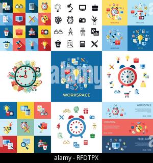 Digital vector blue red work space icons set with drawn simple line art info graphic, presentation with clock, calculator and office supplies elements Stock Vector